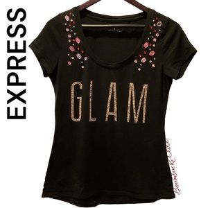 Express Glam T shirt with large Multicolored Embellished Rhinestones, Bling XS